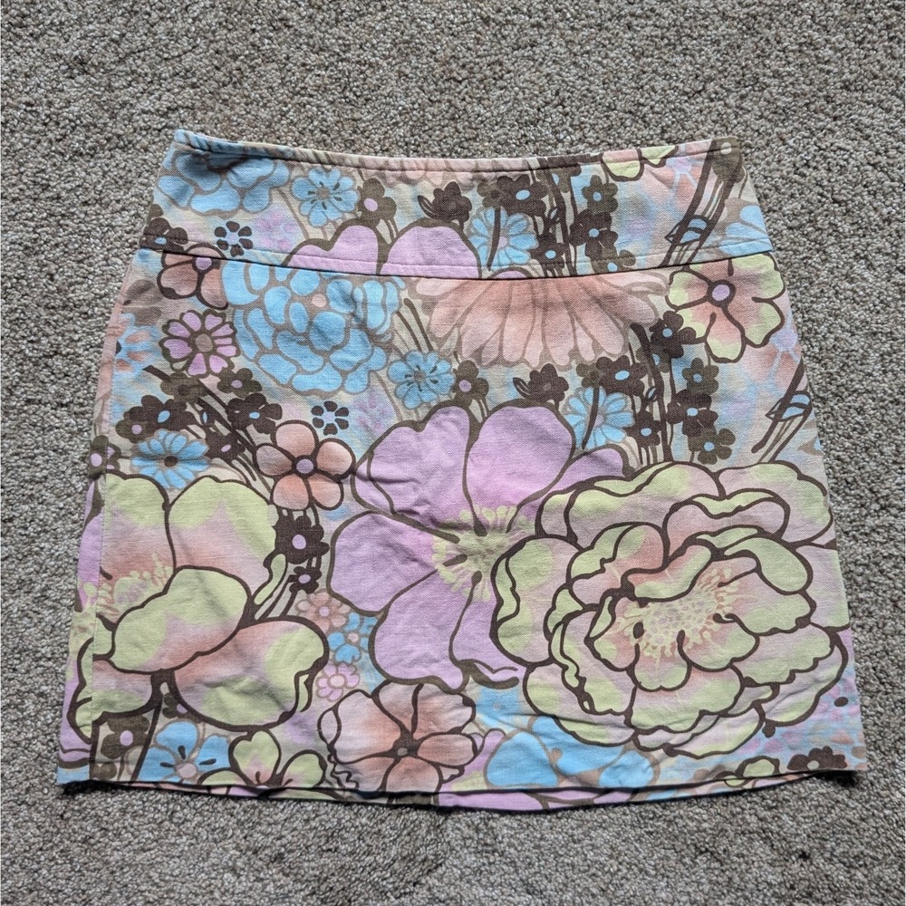 Ideology Womens Sz 2 Linen Cotton Skirt Groovy Bright Y2K Floral Pastel Natural